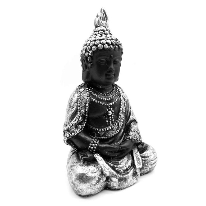 Buddha sitzend Statue aus Beton Silber-Optik - 23x34cm - Bild 1