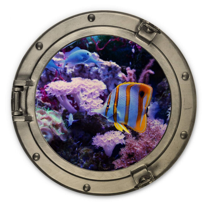 Holzbild 3D Optik - Bunte Unterwasserwelt Lila Korallen - Rund