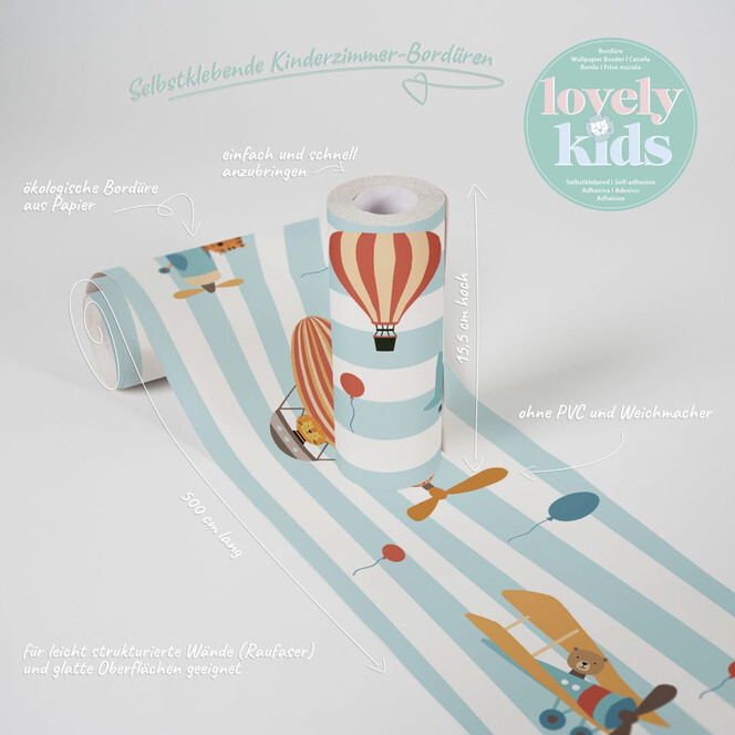 Lovely Kids selbstklebende Kinderzimmer Bordüre Flying Party mit Ballon, Luftschiff und Flugzeug