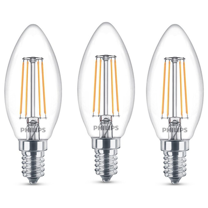 Philips LED Lampe ersetzt 40W, E14 Kerze B35. klar, warmweiss, 470 Lumen, nicht dimmbar, 3er Pack Energieklasse A&&
