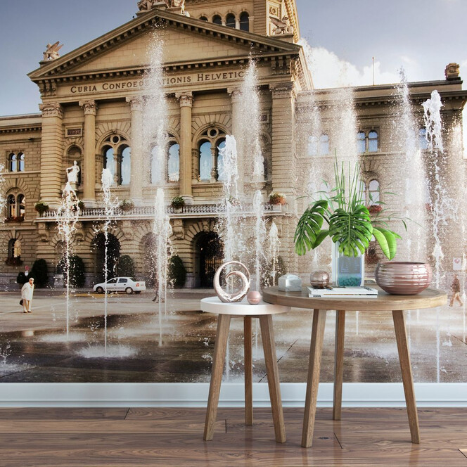 Fototapete Wasserspiel vor Schweizer Parlamentsgebäude