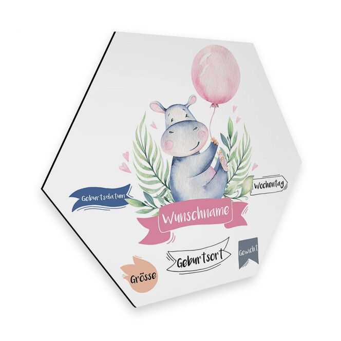 Hexagon - Alu-Dibond Kvilis - Flusspferd rosa Luftballon & Wunschtext