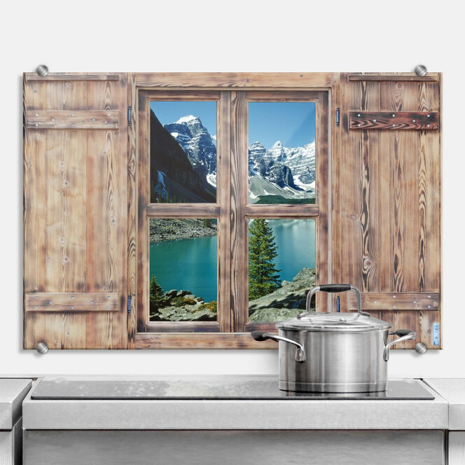 Spritzschutz 3D Holzfenster - Bergsee Idylle
