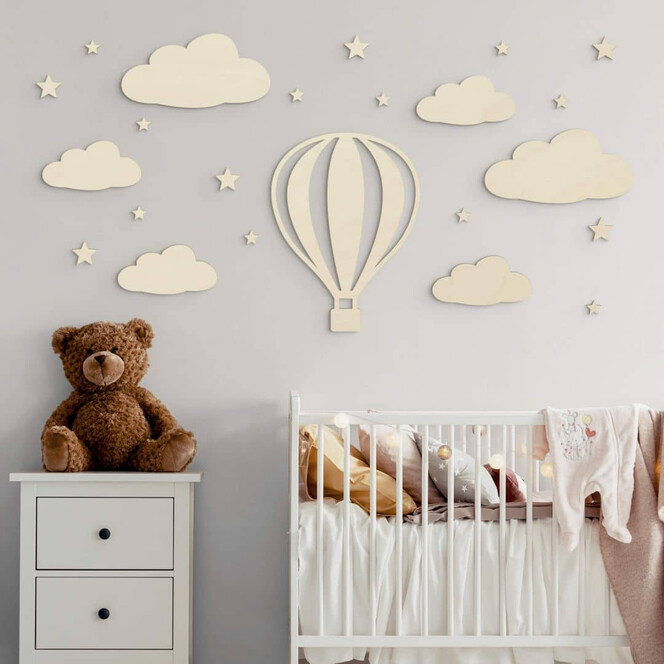 Kinderzimmer Wanddeko Heissluftballon mit Wolken und Sterne Set - Pappelholz