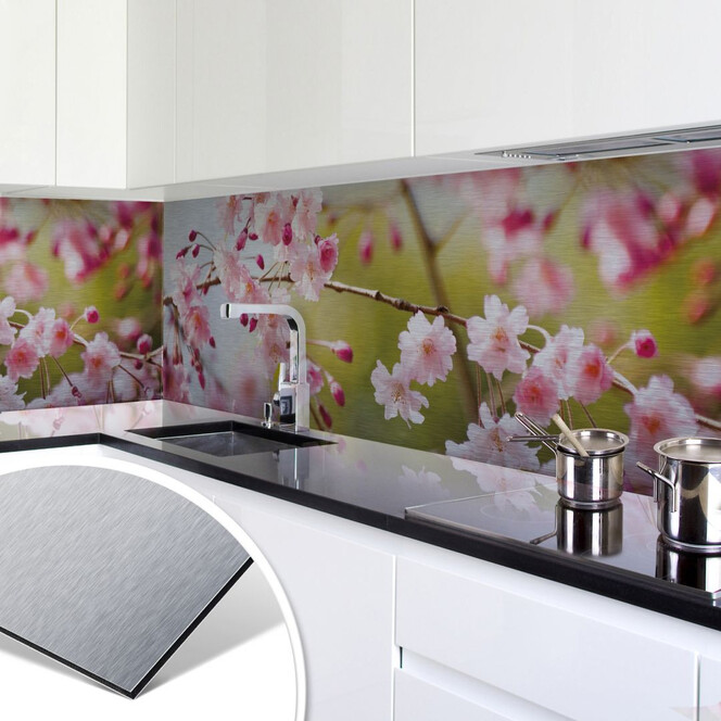 Küchenrückwand - Alu-Dibond-Silber - Cherry Blossoms