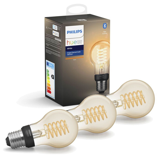Philips Hue White LED E27 Filament 7W, 2100 K, dimmbar, Bluetooth, 3er Pack