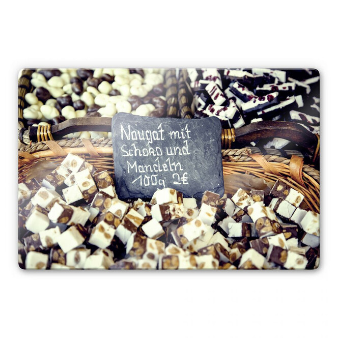 Glasbild Nougat mit Schokolade und Mandeln