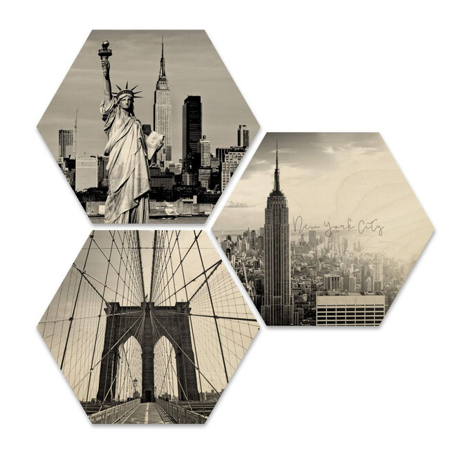 Hexagon - Holz Birke-Furnier - Impression of New York City (3er Set)