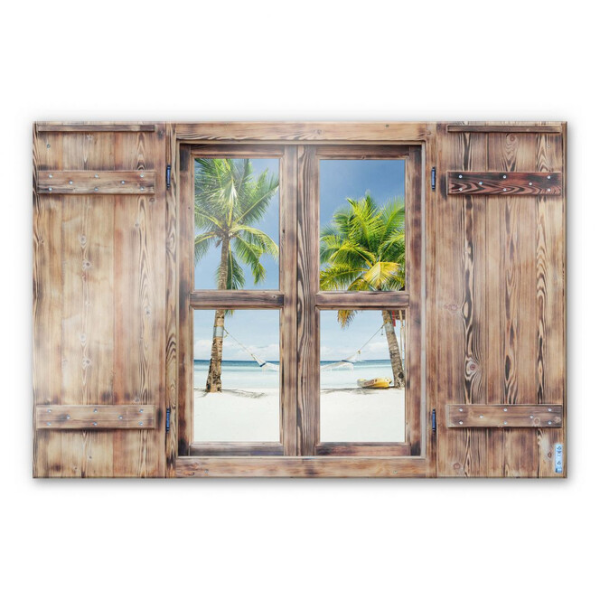 Glasbild 3D Holzfenster - Hammock in Paradise