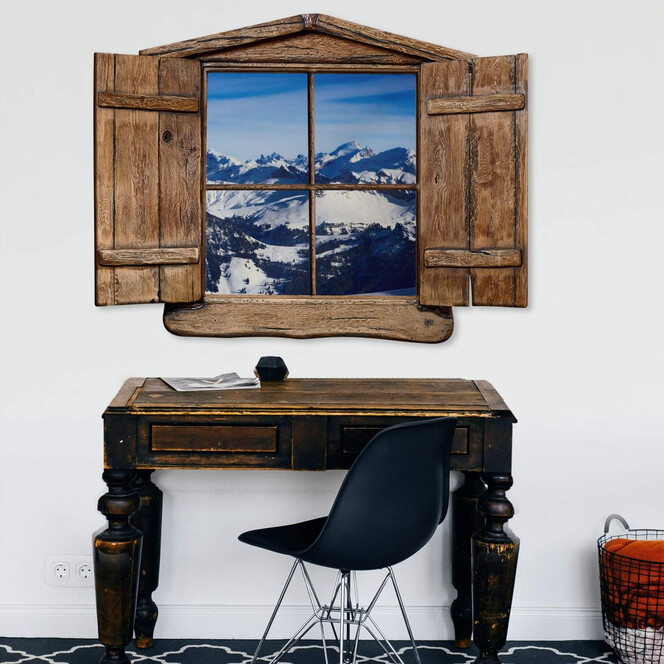 3D Wandtattoo Holzfenster - Alpenpanorama