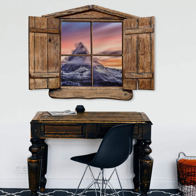 3D Wandtattoo Holzfenster - Top of the mountain