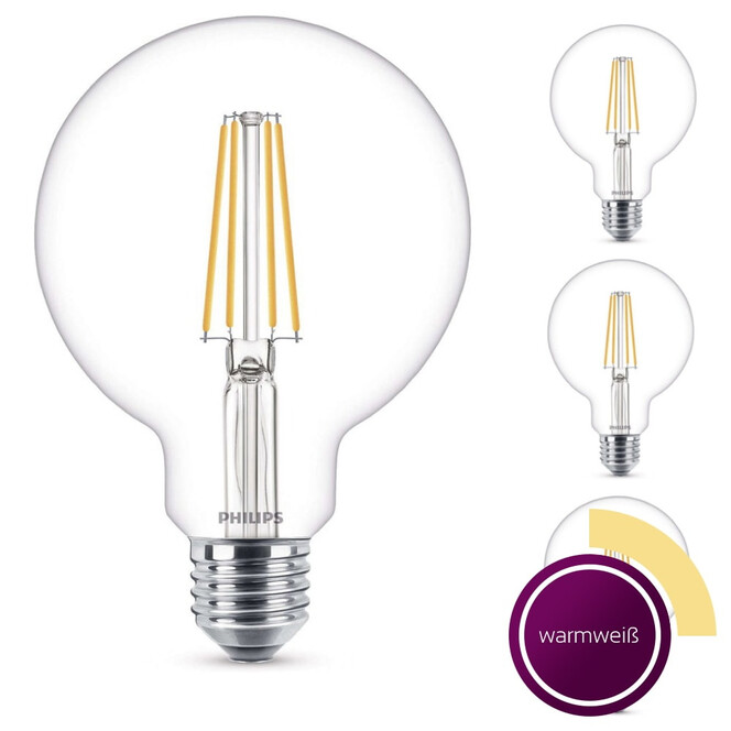 Philips LED Lampe ersetzt 60W, E27 Globe G93. klar -Filament, warmweiss, 806 Lumen, nicht dimmbar, 4er Pack Energieklasse A&& - Bild 1
