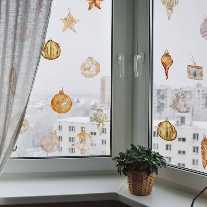 Fensterbild Weihnachtsbaumschmuck weiss-gold (22-teilig)