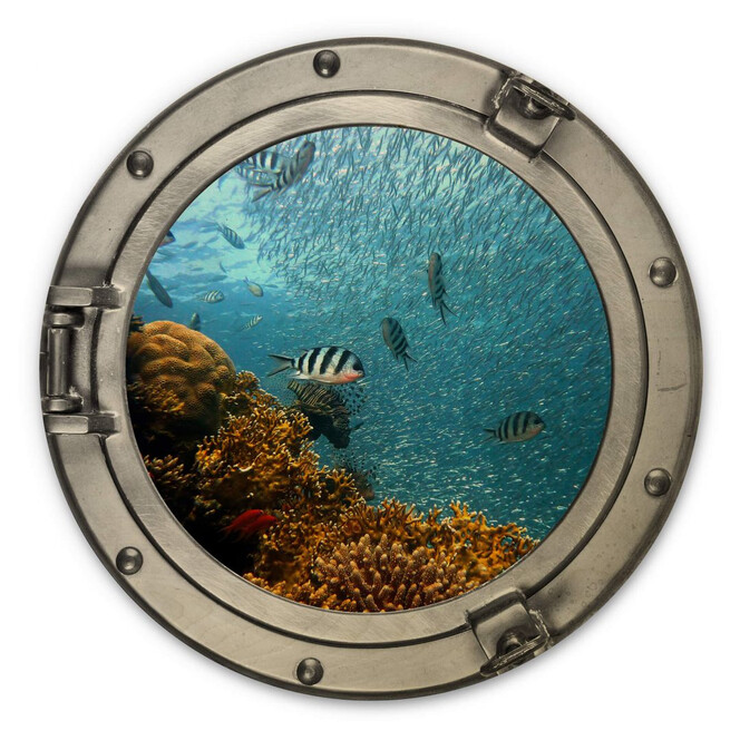 Holzbild 3D Optik - Bunte Unterwasserwelt - gelbe Korallen - Rund