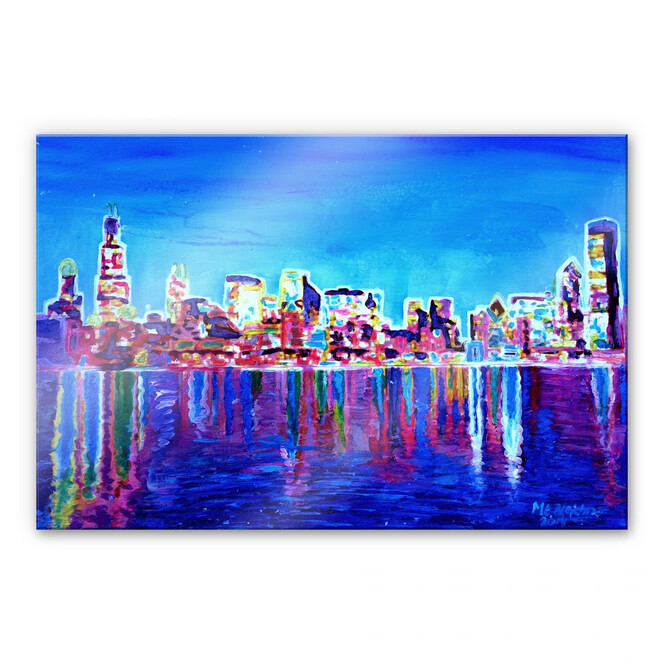 Acrylglasbild Bleichner - Chicago im Neonschimmer