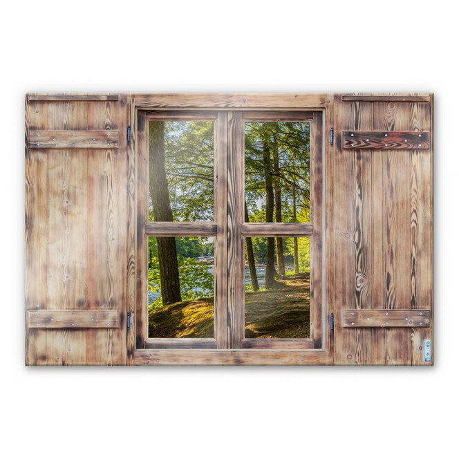 Glasbild 3D Holzfenster - Waldweg am Fluss