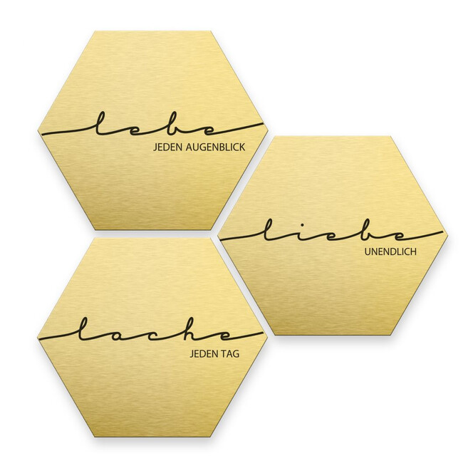 Hexagon - Alu-Dibond-Goldeffekt - Lebe, Lache, Liebe (3er Set)