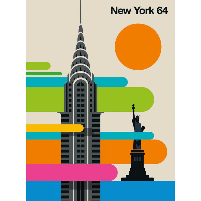 Livingwalls Fototapete ARTist New York 64 Chrysler Building & Freiheitsstatue beige, blau, grün, orange, rosa, schwarz, türkis - Bild 1