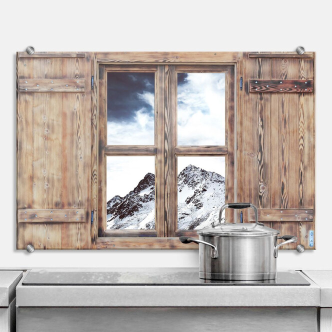Spritzschutz 3D Holzfenster - Snow Mountain