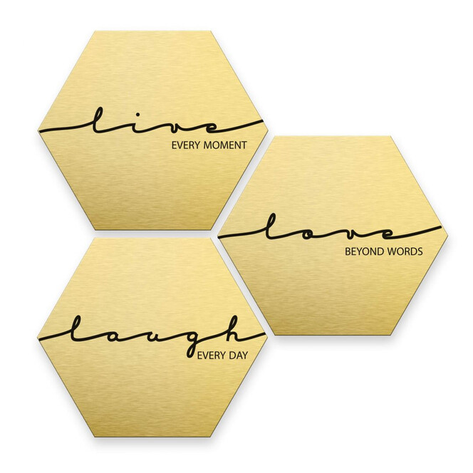 Hexagon - Alu-Dibond-Goldeffekt - Live Laugh Love (3er Set)