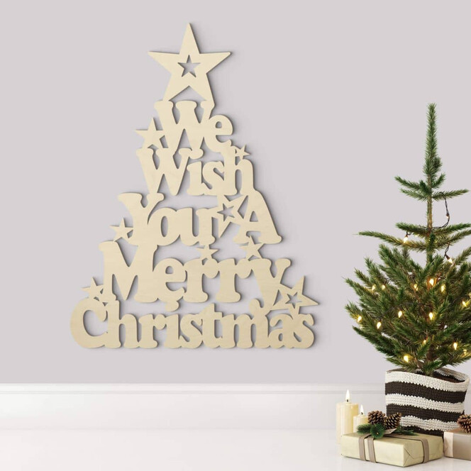 Holzdeko Weihnachten - Weihnachtsbaum We wish you a merry Christmas - Pappelholz