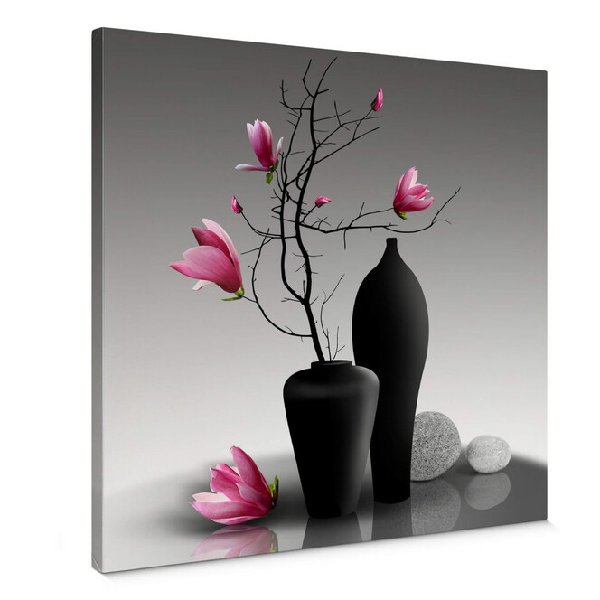 Leinwandbild Magnolienzweig in schwarzer Vase - Quadratisch