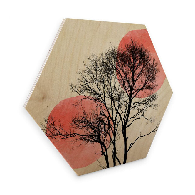 Hexagon - Holz Birke-Furnier - Kubistika - Sonne und Mond hinter dem Baum