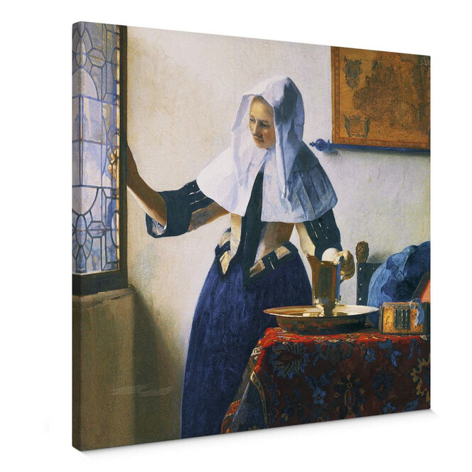 Leinwandbild Vermeer - Junge Frau mit Wasserkanne am Fenster - quadratisch