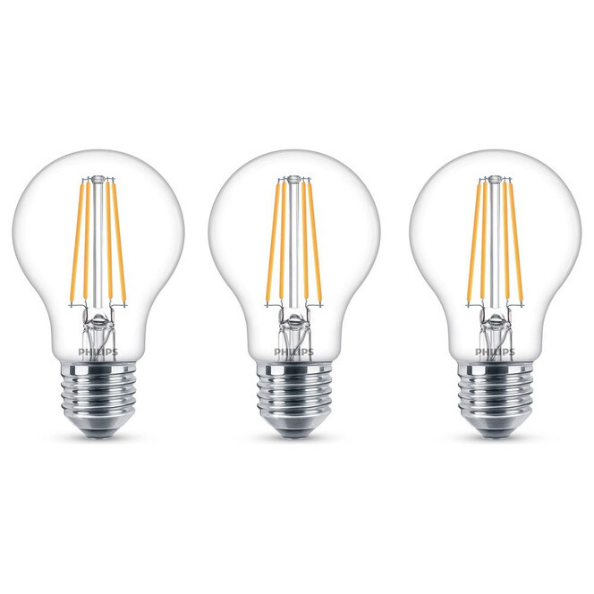 Philips LED Lampe ersetzt 60W, E27 Standardform A60. klar, warmweiss, 806 Lumen, nicht dimmbar, 3er Pack Energieklasse A&&