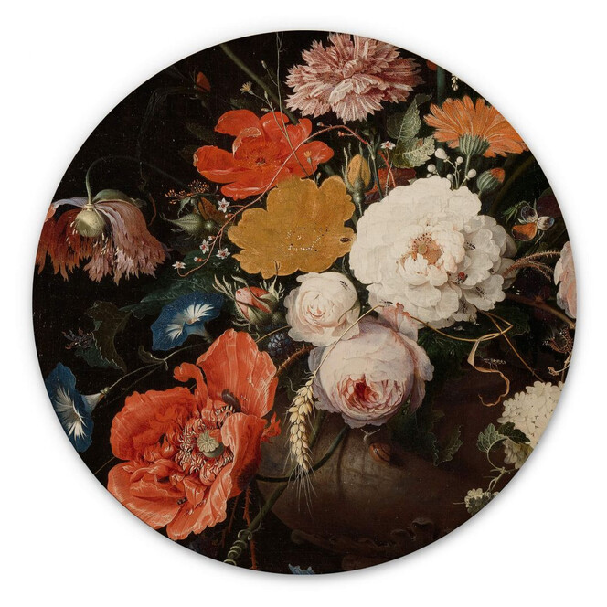 Holzbild Mignon - Stillleben mit Blumen und einer Uhr - Rund