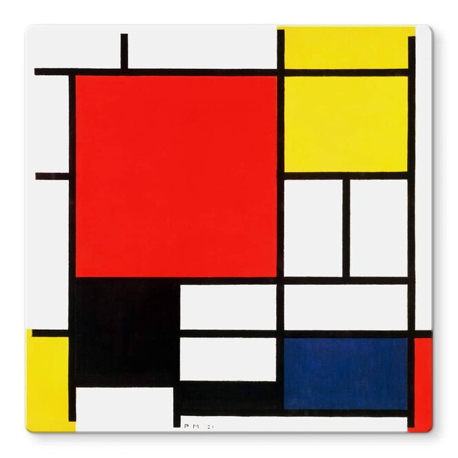 Glasbild Mondrian - Komposition mit Rot Gelb Blau und Schwarz - Quadratisch