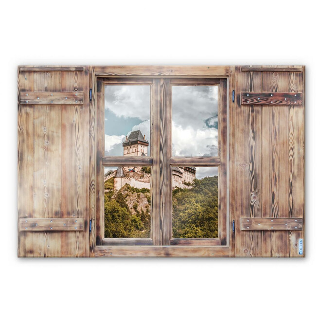 Glasbild 3D Holzfenster - Burg Karlstein