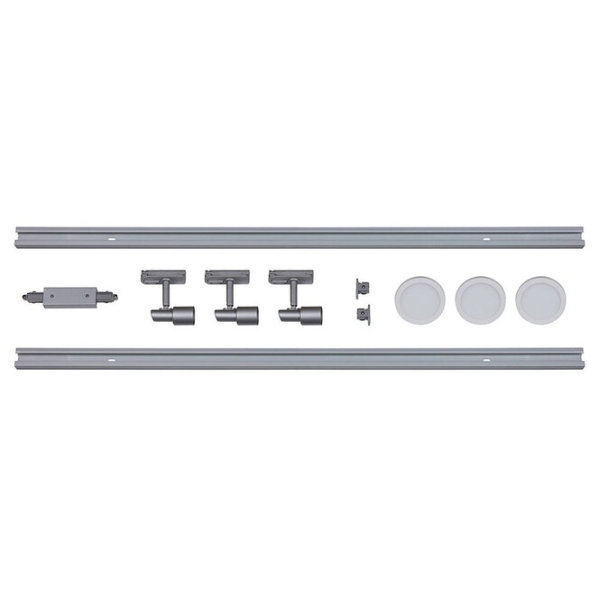 famlights | 1-Phasen Schienensystem-Set in Silber und Weiss 2 Meter inkl. 3 Spots inkl. Leuchtmittel