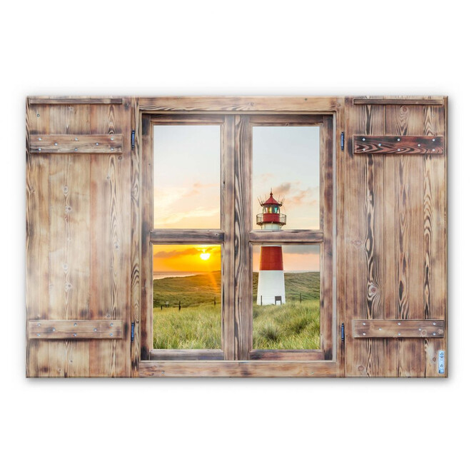 Glasbild 3D Holzfenster - Leuchtturm auf Sylt