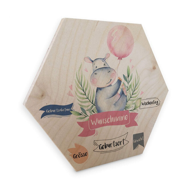 Hexagon - Holz Kvilis - Flusspferd rosa Luftballon & Wunschtext