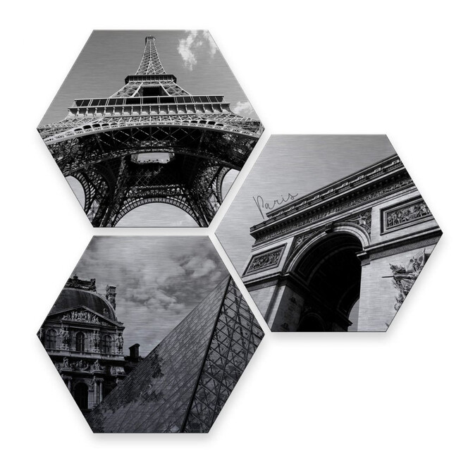 Hexagon - Alu-Dibond-Silbereffekt - Impression of Paris (3er Set)
