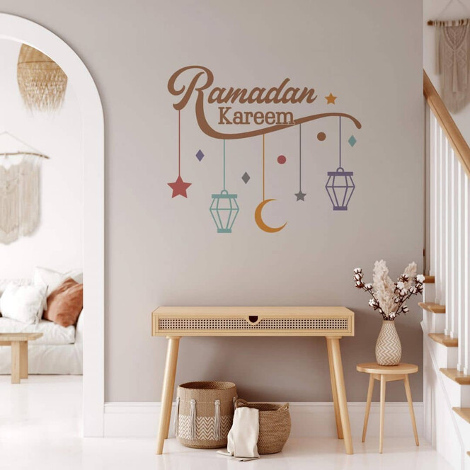 Wandtattoo Ramadan Kareem - Mond Sterne Laternen - farbig