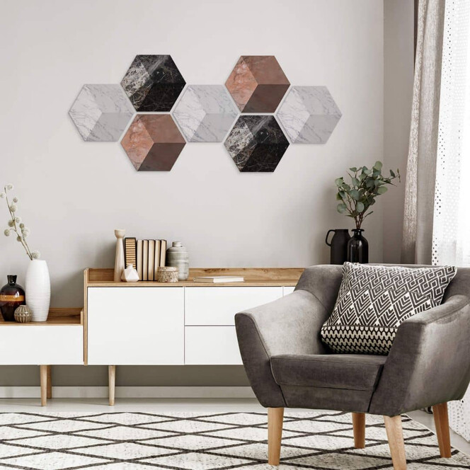 3D Hexagon - Alu-Dibond Set Marmorvariationen (7er Set)