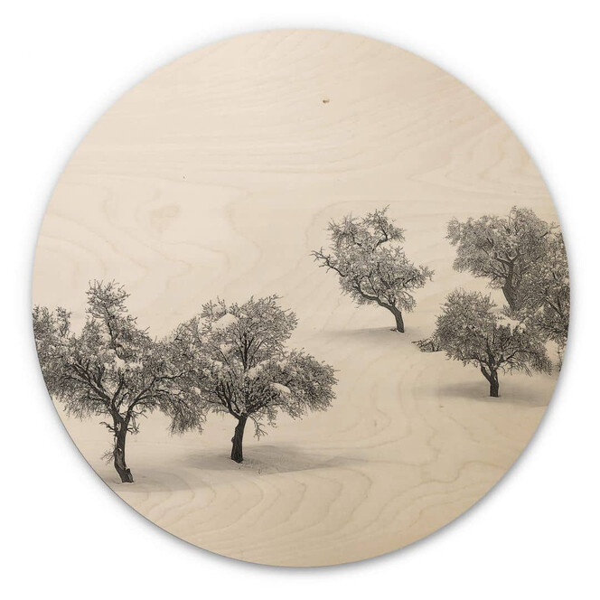 Holzbild Carrillo Lopez - Weisse Landschaft mit Bäumen - Rund