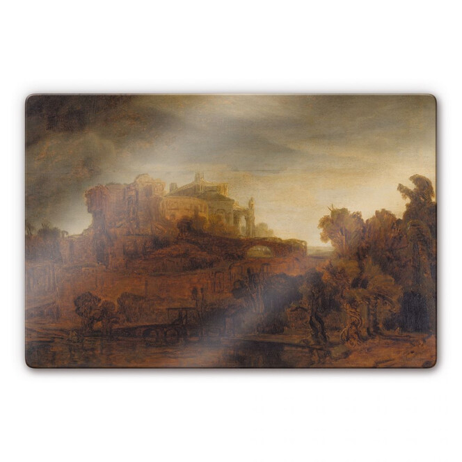 Glasbild Rembrandt - Landschaft mit Schloss