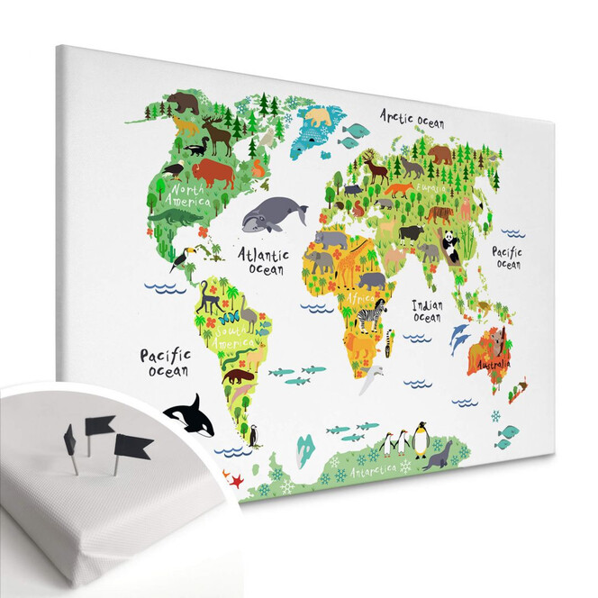 Leinwandbild mit Korkrückwand - Tierische Weltkarte