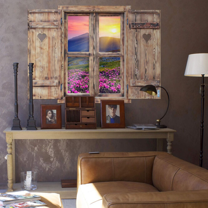 3D Wandtattoo Holzfenster mit Herz - Sonnenuntergang in den Bergen