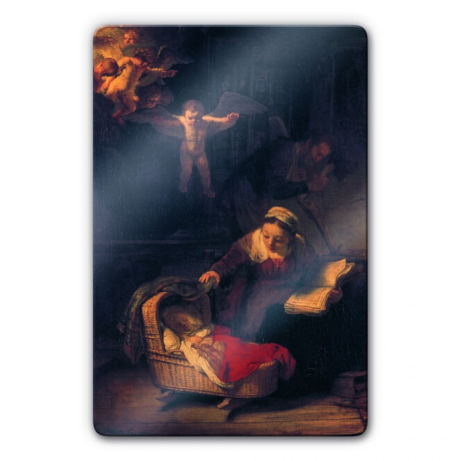 Glasbild Rembrandt - Heilige Familie mit Engeln