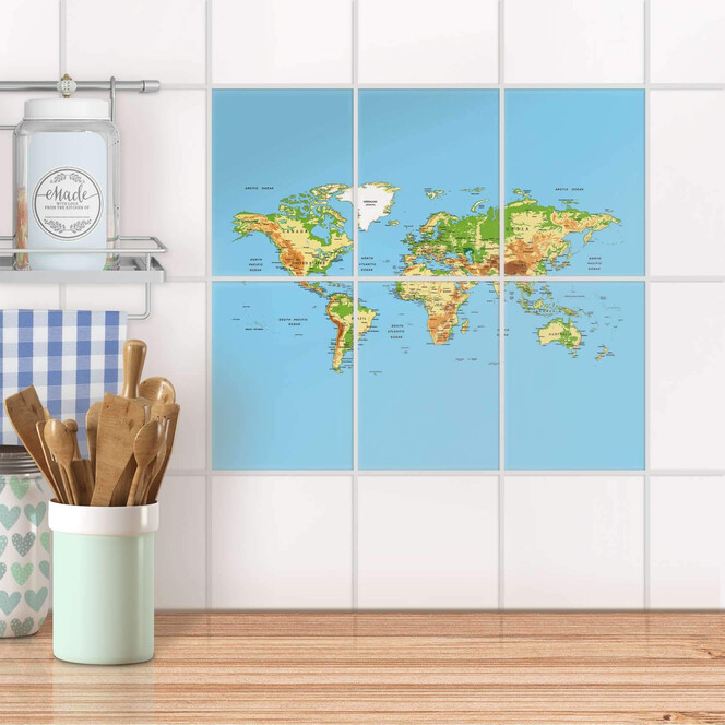 Fliesenaufkleber hoch - Geografische Weltkarte - 6er Set