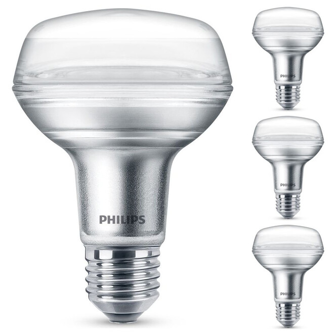 Philips LED Lampe ersetzt 60W, E27 Reflektor R80. klar, warmweiss, 345 Lumen, nicht dimmbar, 4er Pack Energieklasse A&
