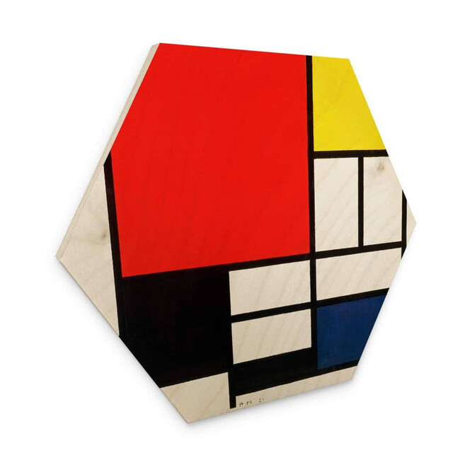 Hexagon - Holz Mondrian - Komposition mit Rot Gelb Blau und Schwarz