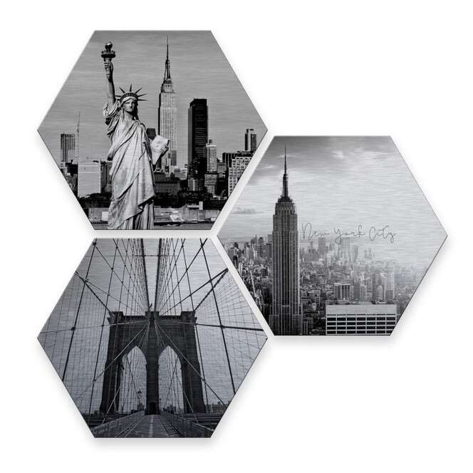 Hexagon - Alu-Dibond-Silbereffekt - Impression of New York City (3er Set)