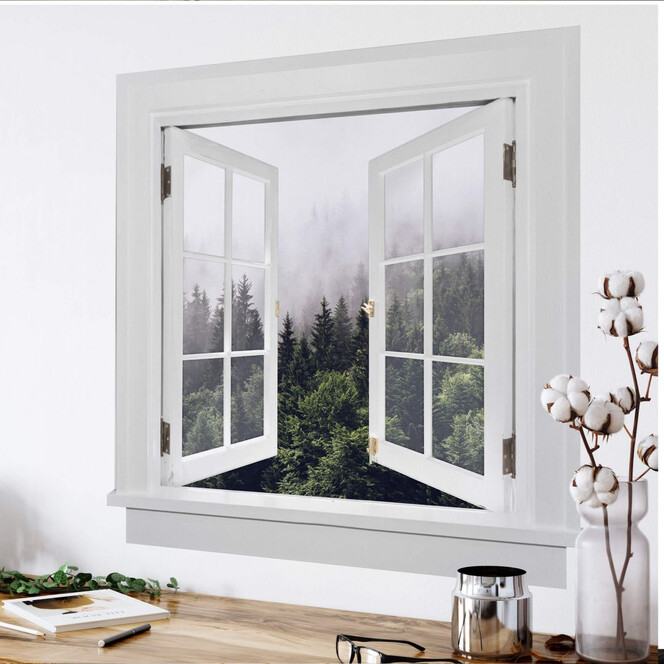 3D Wandtattoo Fenster quadratisch - Nebliger Wald