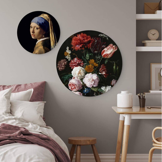 Alu-Dibond Bild Vermeer & Heem - Das Mädchen und die Blumen Set - Rund (2-teilig)