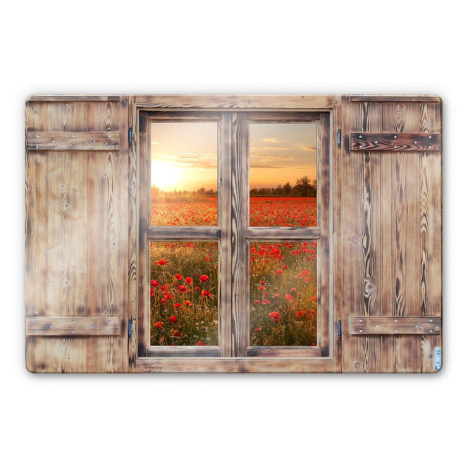 Glasbild 3D Holzfenster - Mohnblumen im Sonnenuntergang